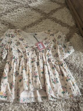 Emile et Ida Cream Floral Peplum Blouse with Pink & Green Accents